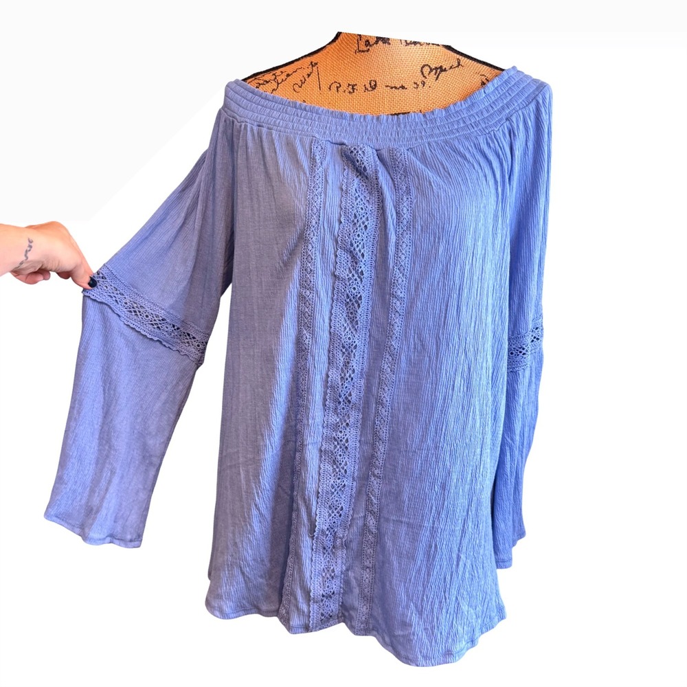 NWT French Laundry Blue Off the Shoulder Lace Trim Blouse XL